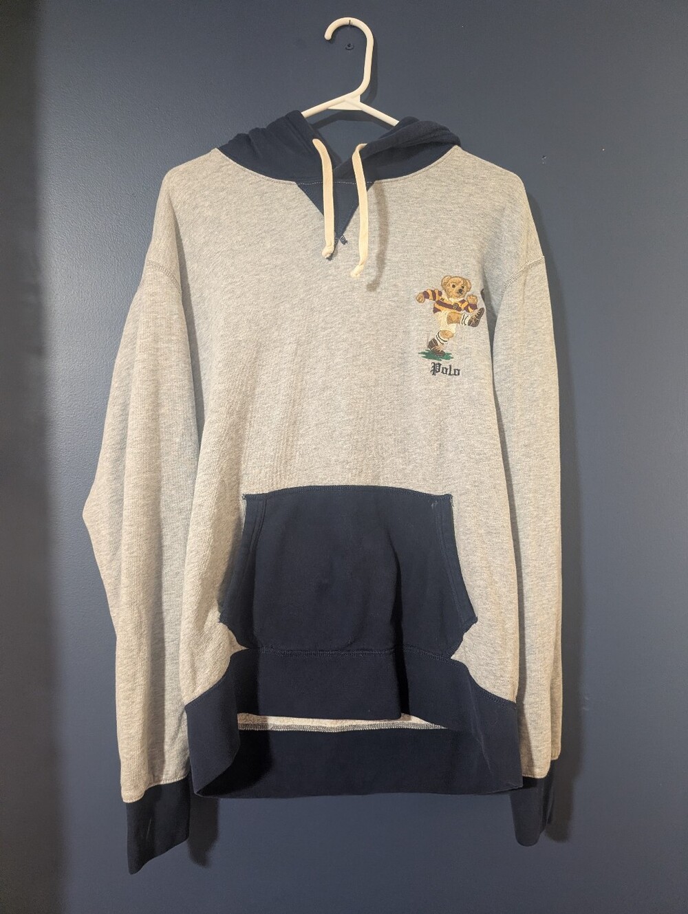 Ralph Lauren Two-Tone Bear Crewneck Sweater - Gray & Navy - Large